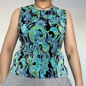 Vintage Plisse Teal/Green Ribbed Abstract Tank Top Women's Medium
